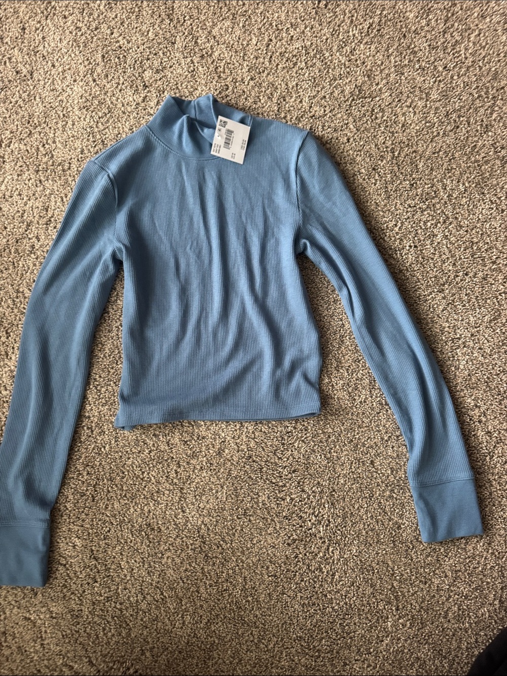American Eagle Outfitters Dusty Blue Ribbed Mock Neck Long-Sleeve Top